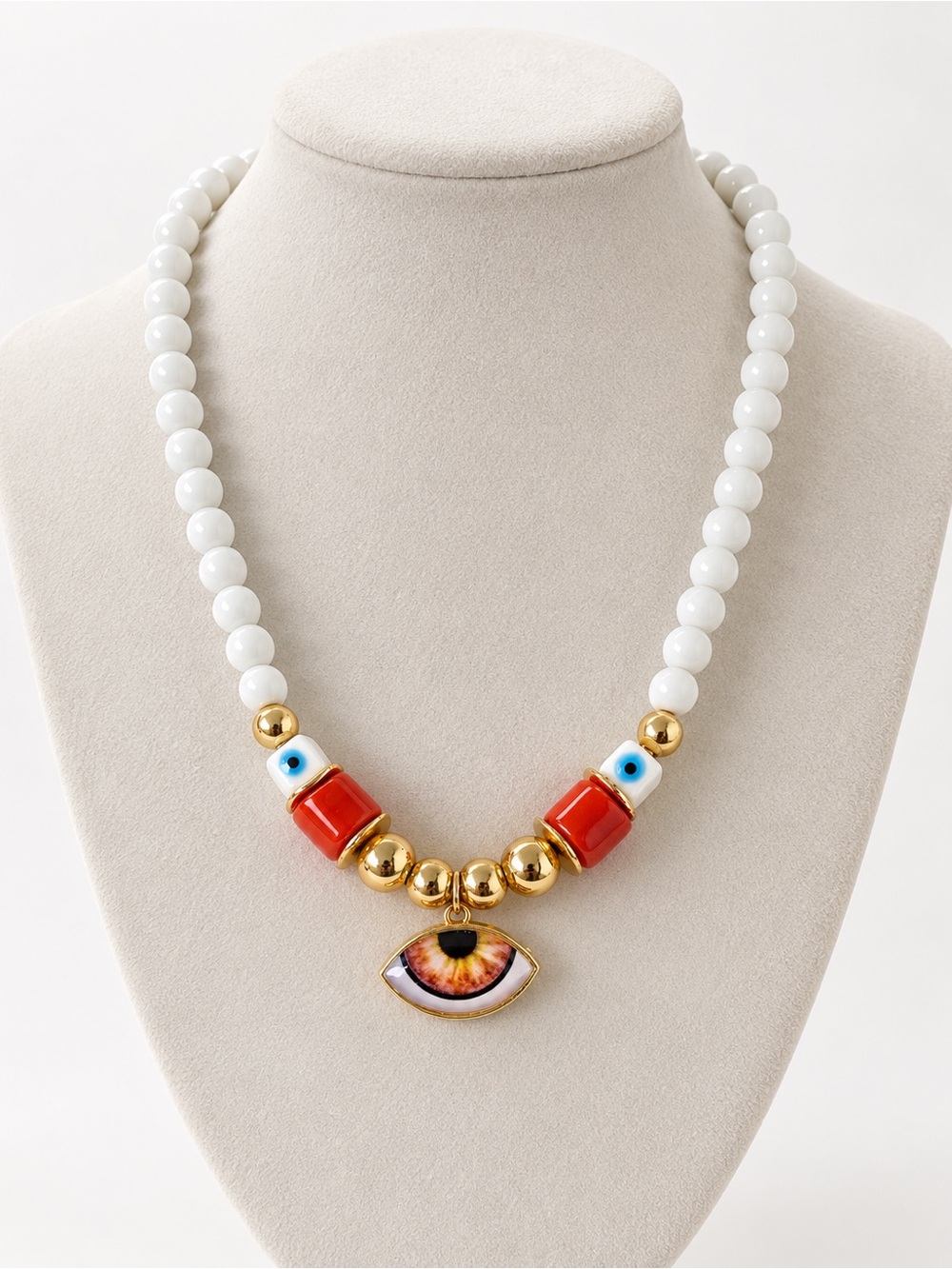 Beymen White Beaded Evil Eye Charm Necklace Red & Gold Tone
